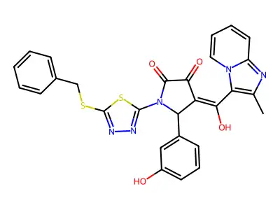 1-(5-benzylsulfanyl-1,3,4-thiadiazol-2-yl)-4-[hydroxy-(2-methylimidazo[1,2-a]pyridin-3-yl)methylidene]-5-(3-hydroxyphenyl)pyrrolidine-2,3-dione structure