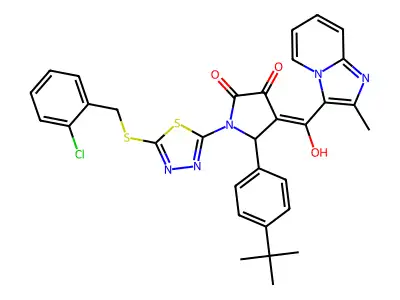 5-(4-tert-butylphenyl)-1-[5-[(2-chlorophenyl)methylsulfanyl]-1,3,4-thiadiazol-2-yl]-4-[hydroxy-(2-methylimidazo[1,2-a]pyridin-3-yl)methylidene]pyrrolidine-2,3-dione structure