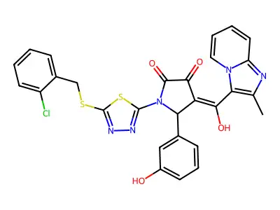 1-[5-[(2-chlorophenyl)methylsulfanyl]-1,3,4-thiadiazol-2-yl]-4-[hydroxy-(2-methylimidazo[1,2-a]pyridin-3-yl)methylidene]-5-(3-hydroxyphenyl)pyrrolidine-2,3-dione structure