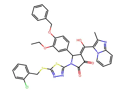 5-[4-(Benzyloxy)-3-ethoxyphenyl]-1-(5-{[(2-chlorophenyl)methyl]sulfanyl}-1,3,4-thiadiazol-2-yl)-4-[hydroxy(2-methylimidazo[1,2-a]pyridin-3-yl)methylidene]pyrrolidine-2,3-dione structure
