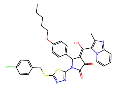 1-[5-[(4-chlorophenyl)methylsulfanyl]-1,3,4-thiadiazol-2-yl]-4-[hydroxy-(2-methylimidazo[1,2-a]pyridin-3-yl)methylidene]-5-(4-pentoxyphenyl)pyrrolidine-2,3-dione structure