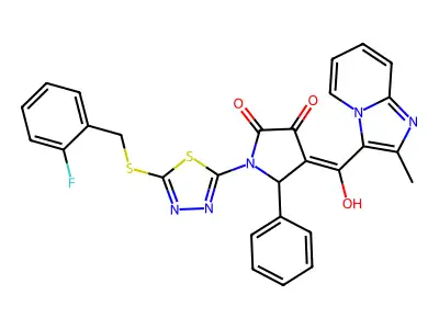 1-[5-[(2-fluorophenyl)methylsulfanyl]-1,3,4-thiadiazol-2-yl]-4-[hydroxy-(2-methylimidazo[1,2-a]pyridin-3-yl)methylidene]-5-phenylpyrrolidine-2,3-dione structure