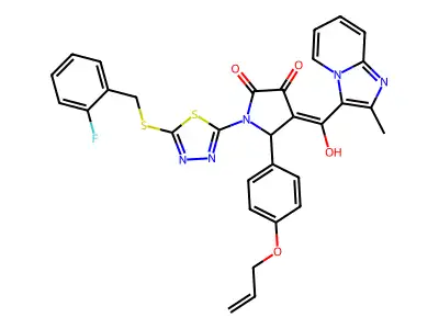 1-[5-[(2-fluorophenyl)methylsulfanyl]-1,3,4-thiadiazol-2-yl]-4-[hydroxy-(2-methylimidazo[1,2-a]pyridin-3-yl)methylidene]-5-(4-prop-2-enoxyphenyl)pyrrolidine-2,3-dione structure