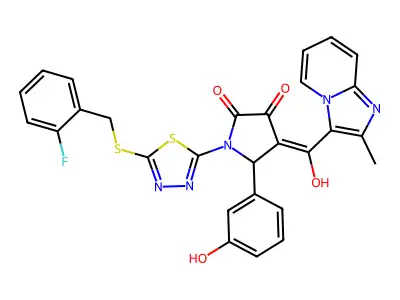 1-[5-[(2-fluorophenyl)methylsulfanyl]-1,3,4-thiadiazol-2-yl]-4-[hydroxy-(2-methylimidazo[1,2-a]pyridin-3-yl)methylidene]-5-(3-hydroxyphenyl)pyrrolidine-2,3-dione structure