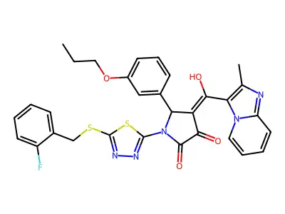 1-(5-{[(2-Fluorophenyl)methyl]sulfanyl}-1,3,4-thiadiazol-2-yl)-4-[hydroxy(2-methylimidazo[1,2-a]pyridin-3-yl)methylidene]-5-(3-propoxyphenyl)pyrrolidine-2,3-dione structure