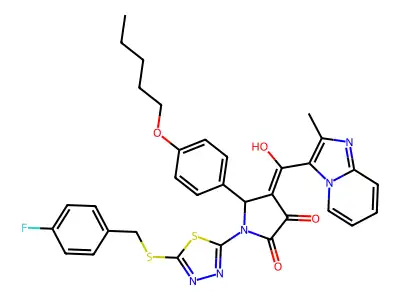 1-[5-[(4-fluorophenyl)methylsulfanyl]-1,3,4-thiadiazol-2-yl]-4-[hydroxy-(2-methylimidazo[1,2-a]pyridin-3-yl)methylidene]-5-(4-pentoxyphenyl)pyrrolidine-2,3-dione structure
