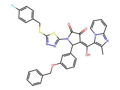 1-[5-[(4-fluorophenyl)methylsulfanyl]-1,3,4-thiadiazol-2-yl]-4-[hydroxy-(2-methylimidazo[1,2-a]pyridin-3-yl)methylidene]-5-(3-phenylmethoxyphenyl)pyrrolidine-2,3-dione structure