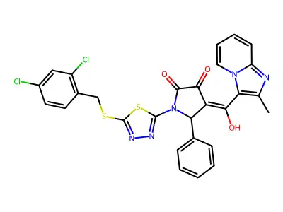 1-[5-[(2,4-dichlorophenyl)methylsulfanyl]-1,3,4-thiadiazol-2-yl]-4-[hydroxy-(2-methylimidazo[1,2-a]pyridin-3-yl)methylidene]-5-phenylpyrrolidine-2,3-dione structure