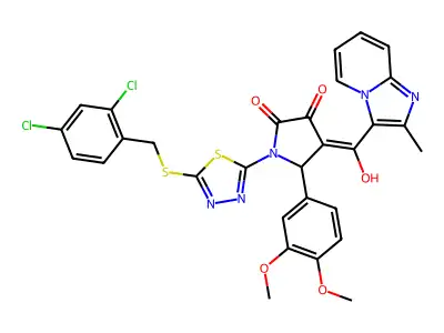 1-[5-[(2,4-dichlorophenyl)methylsulfanyl]-1,3,4-thiadiazol-2-yl]-5-(3,4-dimethoxyphenyl)-4-[hydroxy-(2-methylimidazo[1,2-a]pyridin-3-yl)methylidene]pyrrolidine-2,3-dione structure