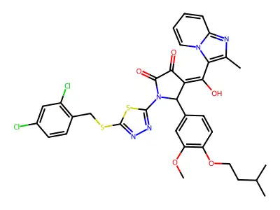 1-(5-{[(2,4-Dichlorophenyl)methyl]sulfanyl}-1,3,4-thiadiazol-2-yl)-4-[hydroxy(2-methylimidazo[1,2-a]pyridin-3-yl)methylidene]-5-[3-methoxy-4-(3-methylbutoxy)phenyl]pyrrolidine-2,3-dione structure