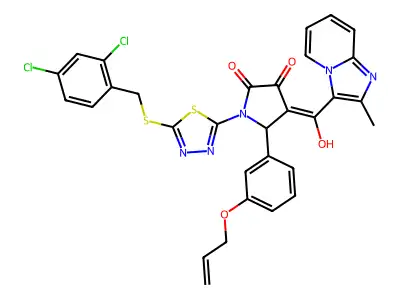 1-[5-[(2,4-dichlorophenyl)methylsulfanyl]-1,3,4-thiadiazol-2-yl]-4-[hydroxy-(2-methylimidazo[1,2-a]pyridin-3-yl)methylidene]-5-(3-prop-2-enoxyphenyl)pyrrolidine-2,3-dione structure