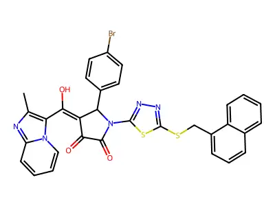 5-(4-bromophenyl)-4-[hydroxy-(2-methylimidazo[1,2-a]pyridin-3-yl)methylidene]-1-[5-(naphthalen-1-ylmethylsulfanyl)-1,3,4-thiadiazol-2-yl]pyrrolidine-2,3-dione structure
