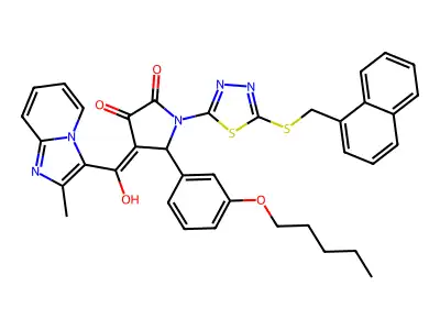 4-[Hydroxy(2-methylimidazo[1,2-a]pyridin-3-yl)methylidene]-1-(5-{[(naphthalen-1-yl)methyl]sulfanyl}-1,3,4-thiadiazol-2-yl)-5-[3-(pentyloxy)phenyl]pyrrolidine-2,3-dione structure