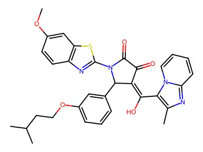4-[Hydroxy(2-methylimidazo[1,2-a]pyridin-3-yl)methylidene]-1-(6-methoxy-1,3-benzothiazol-2-yl)-5-[3-(3-methylbutoxy)phenyl]pyrrolidine-2,3-dione structure