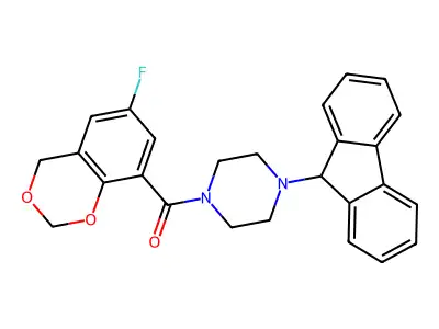 [4-(9H-fluoren-9-yl)piperazin-1-yl]-(6-fluoro-4H-1,3-benzodioxin-8-yl)methanone structure