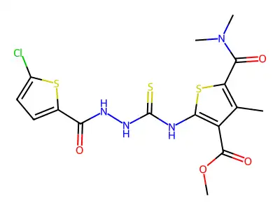 methyl 2-(2-(5-chlorothiophene-2-carbonyl)hydrazinecarbothioamido)-5-(dimethylcarbamoyl)-4-methylthiophene-3-carboxylate structure