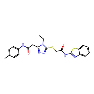2-(5-{[2-(1,3-benzothiazol-2-ylamino)-2-oxoethyl]sulfanyl}-4-ethyl-4H-1,2,4-triazol-3-yl)-N-(4-methylphenyl)acetamide structure