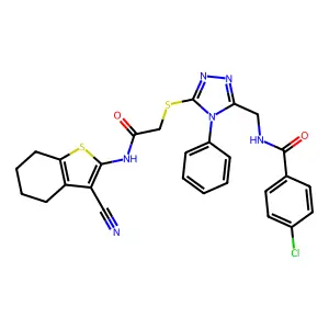 4-chloro-N-[[5-[2-[(3-cyano-4,5,6,7-tetrahydro-1-benzothiophen-2-yl)amino]-2-oxoethyl]sulfanyl-4-phenyl-1,2,4-triazol-3-yl]methyl]benzamide structure