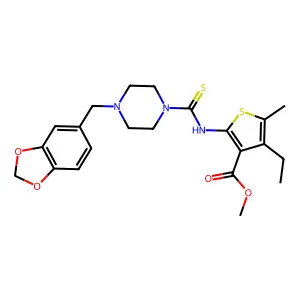 methyl 2-({[4-(1,3-benzodioxol-5-ylmethyl)piperazin-1-yl]carbonothioyl}amino)-4-ethyl-5-methylthiophene-3-carboxylate structure
