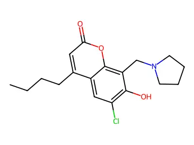 4-butyl-6-chloro-7-hydroxy-8-(1-pyrrolidinylmethyl)-2H-chromen-2-one structure