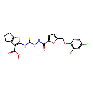 methyl 2-({[({5-[(2,4-dichlorophenoxy)methyl](2-furyl)}carbonylamino)amino]thi oxomethyl}amino)-4,5,6-trihydrocyclopenta[2,1-b]thiophene-3-carboxylate structure