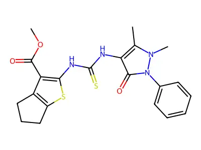 methyl 2-({[(2,3-dimethyl-5-oxo-1-phenyl(3-pyrazolin-4-yl))amino]thioxomethyl} amino)-4,5,6-trihydrocyclopenta[2,1-b]thiophene-3-carboxylate structure