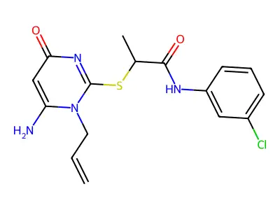 2-(6-amino-4-oxo-1-prop-2-enylpyrimidin-2-yl)sulfanyl-N-(3-chlorophenyl)propanamide structure
