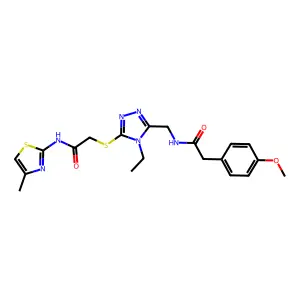 2-{[4-ethyl-5-({[(4-methoxyphenyl)acetyl]amino}methyl)-4H-1,2,4-triazol-3-yl]sulfanyl}-N-(4-methyl-1,3-thiazol-2-yl)acetamide structure