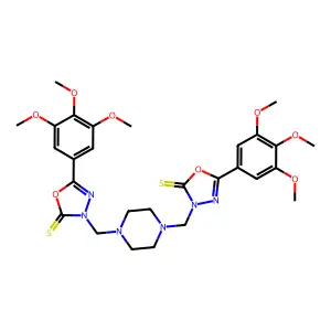 3-[[4-[[2-sulfanylidene-5-(3,4,5-trimethoxyphenyl)-1,3,4-oxadiazol-3-yl]methyl]piperazin-1-yl]methyl]-5-(3,4,5-trimethoxyphenyl)-1,3,4-oxadiazole-2-thione structure
