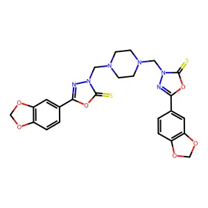 3,3'-[Piperazine-1,4-diylbis(methylene)]bis[5-(2H-1,3-benzodioxol-5-yl)-1,3,4-oxadiazole-2(3H)-thione] structure
