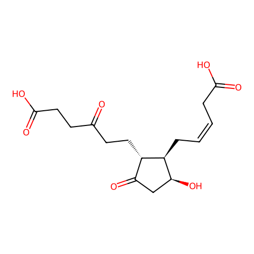 9-Hydroxy-11,15-dioxo-2,3,18,19-tetranorprost-5-ene-1,20-dioic acid structure