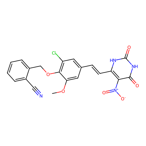 (E)-2-((2-chloro-6-methoxy-4-(2-(5-nitro-2,6-dioxo-1,2,3,6-tetrahydropyrimidin-4-yl)vinyl)phenoxy)methyl)benzonitrile structure