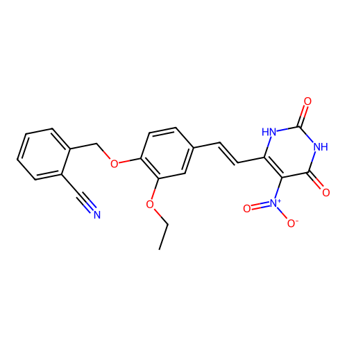 (E)-2-((2-ethoxy-4-(2-(5-nitro-2,6-dioxo-1,2,3,6-tetrahydropyrimidin-4-yl)vinyl)phenoxy)methyl)benzonitrile structure