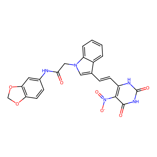 (E)-N-(benzo[d][1,3]dioxol-5-yl)-2-(3-(2-(5-nitro-2,6-dioxo-1,2,3,6-tetrahydropyrimidin-4-yl)vinyl)-1H-indol-1-yl)acetamide structure