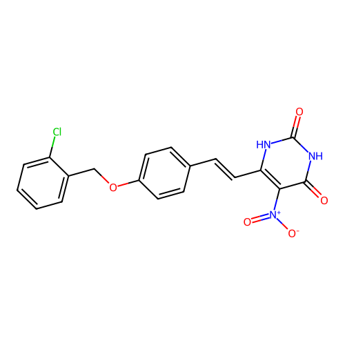 6-[(E)-2-{4-[(2-chlorobenzyl)oxy]phenyl}ethenyl]-5-nitropyrimidine-2,4-diol structure