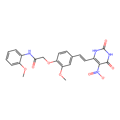 (E)-2-(2-methoxy-4-(2-(5-nitro-2,6-dioxo-1,2,3,6-tetrahydropyrimidin-4-yl)vinyl)phenoxy)-N-(2-methoxyphenyl)acetamide structure
