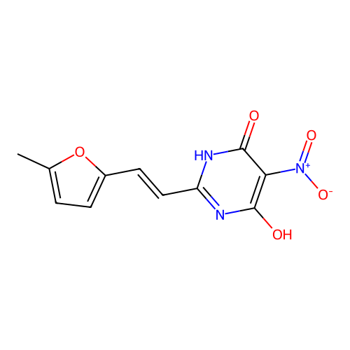 2-[(E)-2-(5-methylfuran-2-yl)ethenyl]-5-nitropyrimidine-4,6-diol structure
