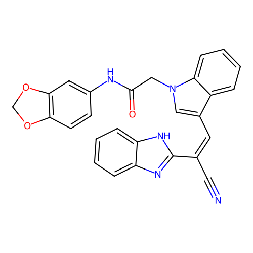 2-[3-[(Z)-2-(1H-benzimidazol-2-yl)-2-cyanoethenyl]indol-1-yl]-N-(1,3-benzodioxol-5-yl)acetamide structure