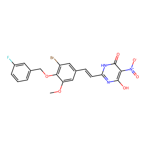 2-[(E)-2-{3-bromo-4-[(3-fluorobenzyl)oxy]-5-methoxyphenyl}ethenyl]-6-hydroxy-5-nitropyrimidin-4(3H)-one structure