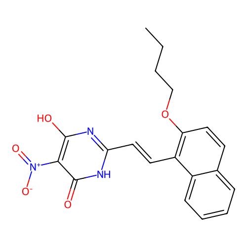 2-[(E)-2-(2-butoxynaphthalen-1-yl)ethenyl]-6-hydroxy-5-nitropyrimidin-4(3H)-one structure