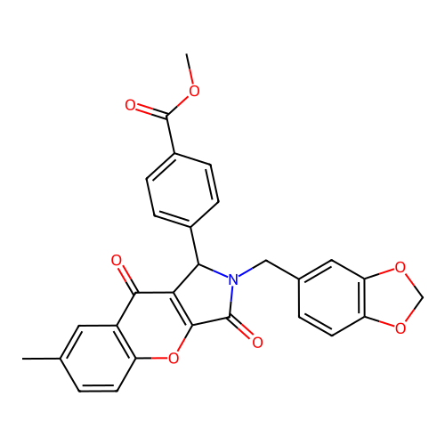 methyl 4-[2-(1,3-benzodioxol-5-ylmethyl)-7-methyl-3,9-dioxo-1,2,3,9-tetrahydrochromeno[2,3-c]pyrrol-1-yl]benzoate structure