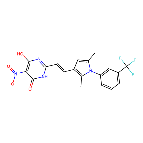 2-[(E)-2-{2,5-dimethyl-1-[3-(trifluoromethyl)phenyl]-1H-pyrrol-3-yl}ethenyl]-6-hydroxy-5-nitropyrimidin-4(3H)-one structure