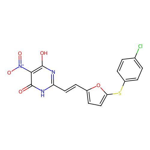 (E)-2-(2-(5-((4-chlorophenyl)thio)furan-2-yl)vinyl)-6-hydroxy-5-nitropyrimidin-4(3H)-one structure