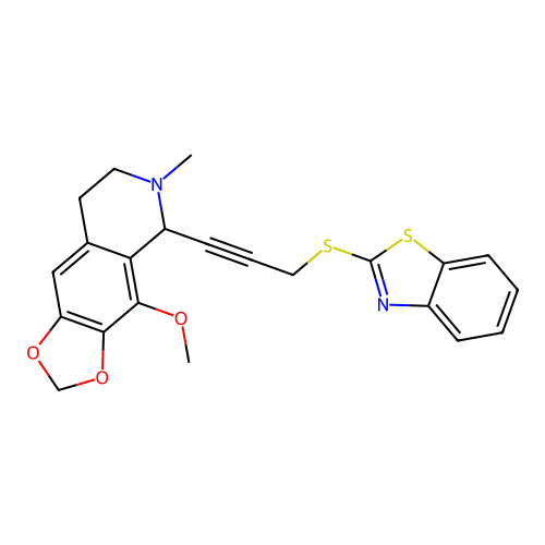 5-(3-(benzo[d]thiazol-2-ylthio)prop-1-yn-1-yl)-4-methoxy-6-methyl-5,6,7,8-tetrahydro-[1,3]dioxolo[4,5-g]isoquinoline structure