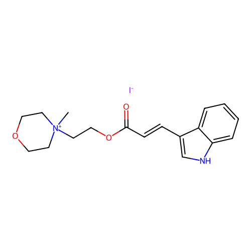 (E)-4-(2-((3-(1H-Indol-3-yl)-1-oxo-2-propenyl)oxy)ethyl)-4-methylmorpholinium iodide structure