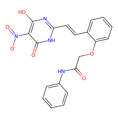 (E)-2-(2-(2-(4-hydroxy-5-nitro-6-oxo-1,6-dihydropyrimidin-2-yl)vinyl)phenoxy)-N-phenylacetamide structure