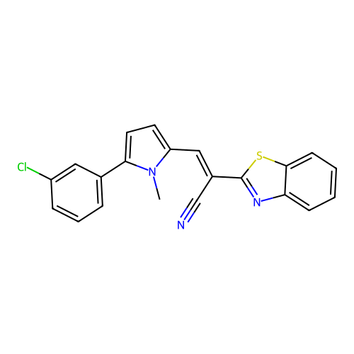 (E)-2-(benzo[d]thiazol-2-yl)-3-(5-(3-chlorophenyl)-1-methyl-1H-pyrrol-2-yl)acrylonitrile structure