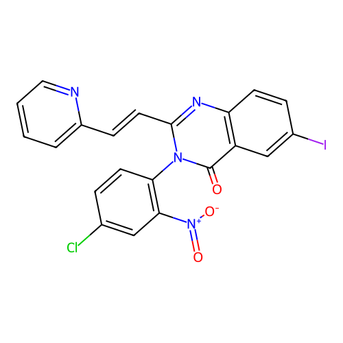 3-(4-chloro-2-nitrophenyl)-6-iodo-2-[(E)-2-pyridin-2-ylethenyl]quinazolin-4-one structure