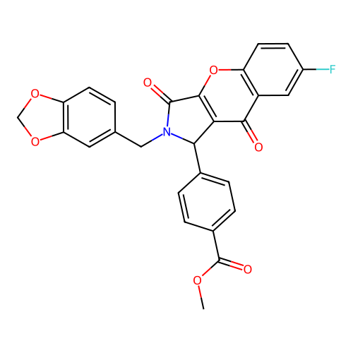 methyl 4-[2-(1,3-benzodioxol-5-ylmethyl)-7-fluoro-3,9-dioxo-1,2,3,9-tetrahydrochromeno[2,3-c]pyrrol-1-yl]benzoate structure