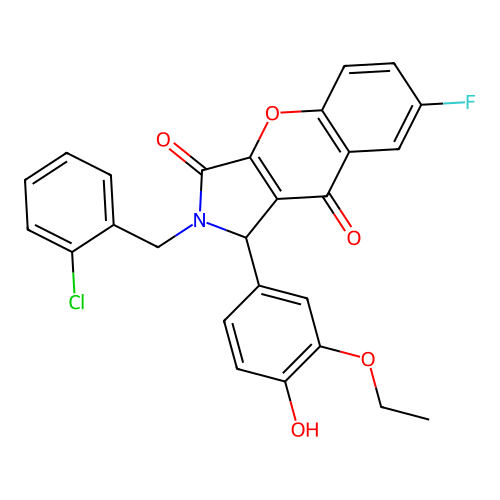 2-(2-chlorobenzyl)-1-(3-ethoxy-4-hydroxyphenyl)-7-fluoro-1,2-dihydrochromeno[2,3-c]pyrrole-3,9-dione structure